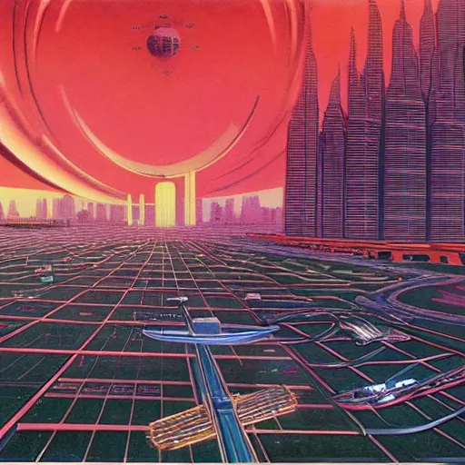 Prompt: painting of a sprawling dystopian cyberpunk science fiction exotic market city on the edge of a black hole designed by zaha hadid with neon advertising signs by francois schuiten and moebius and vilhelm hammershøi