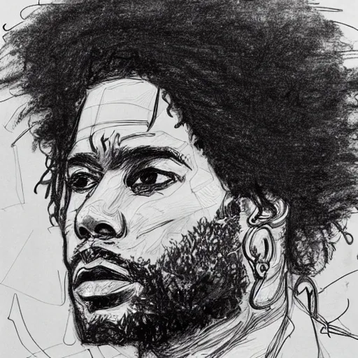 Prompt: a realistic yet scraggly portrait sketch of the side profile of a stern and sophisticated lenny kravitz, trending on artstation, intricate details, in the style of frank auerbach, in the style of sergio aragones, in the style of martin ansin, in the style of david aja, in the style of mattias adolfsson