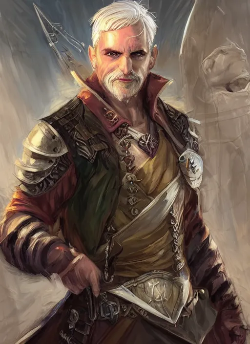 Image similar to young man with short white combover hair and moustache, dndbeyond, bright, colourful, realistic, dnd character portrait, full body, pathfinder, pinterest, art by ralph horsley, dnd, rpg, lotr game design fanart by concept art, behance hd, artstation, deviantart, hdr render in unreal engine 5