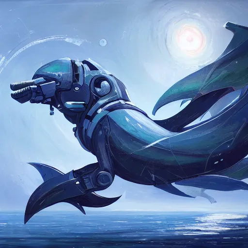 Image similar to concept art of robot in dolphin by jama jurabaev, brush stroke, robotic cyberpunk dolphin, scifi, trending on artstation, high quality, extremely detailed