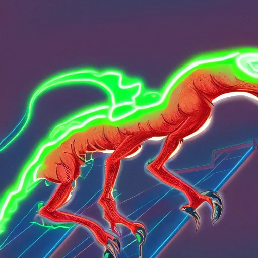 Image similar to a detailed tarot card of a futuristic cyborg velociraptor, neon outline, mouth open in a terrifying roar, 8 k, artstation, pixiv