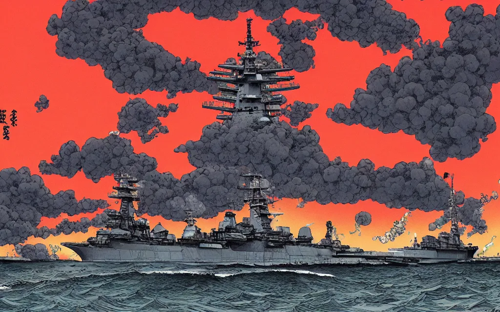 Image similar to japanese battleship yamato in front of huge mushroom cloud, in the style of james jean and laurie greasley, dynamic composition, dramatic lighting, ultra detailed