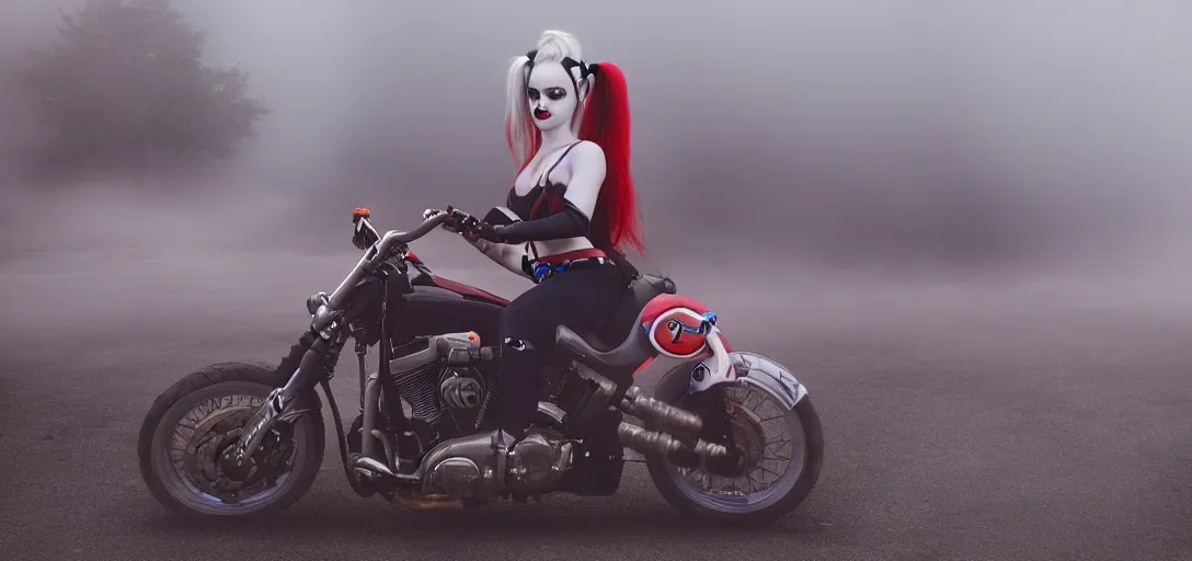 Image similar to real-life Harley Quinn riding a motorcycle holding a baseball bat, cinematic, Low angle, atmospheric fog and lighting