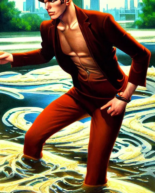 Image similar to a painting of a beautiful man in the river, an ultrafine detailed painting by howard chaykin, by mark brooks, centered full body, featured on deviantart, fantasy art, detailed painting, deviantart, anime