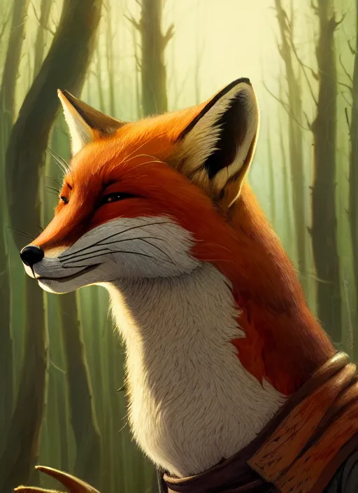 Prompt: a film still portrait of a fox rogue, finely detailed features, cinematic lighting, perfect art, brian jacques redwall woodland, forest, intricate, artstation, trending on pixiv fanbox, painted by brian jacques greg rutkowski, studio ghibli, fantasy, 4 k