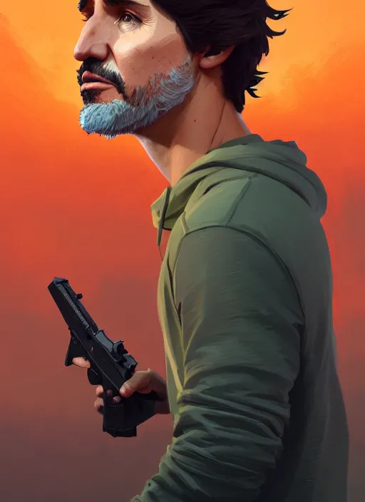 Image similar to highly detailed portrait justin trudeau in ( ( orange hoody ) ) holding handgun! in gta v stephen bliss unreal engine fantasy art by greg rutkowski loish rhads ferdinand knab makoto shinkai lois van baarle ilya kuvshinov rossdraws tom bagshaw global illumination radiant light detailed intricate environment