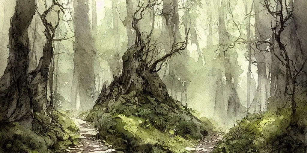 Prompt: path in the forest, leading to a dark cave entrance, exquisite masterpiece watercolor painting by jean - baptiste monge, trending on artstation