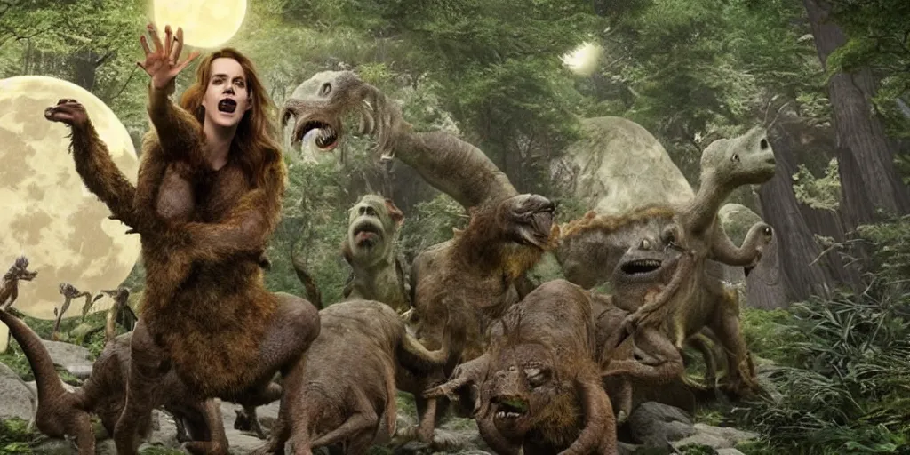 Image similar to photo, hairy fat cave people, emma!! watson!!, looking at camera, surrounded by dinosaurs!, gigantic forest trees, sitting on rocks, bright moon, birthday cake on the ground, front close - up view of her face, selfie, jelly! monster!