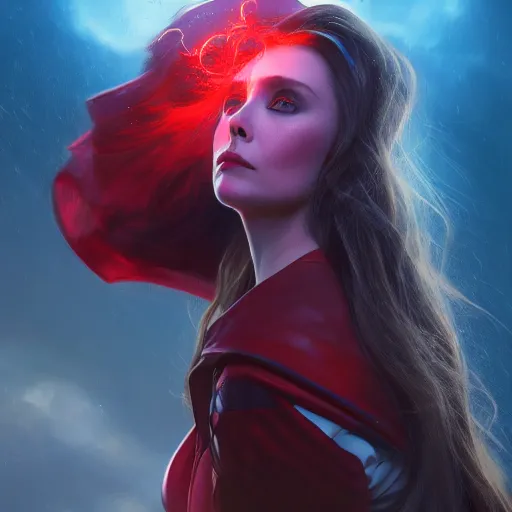 Image similar to elizabeth olsen as the scarlet witch afloat in the air with red eyes, red magic surrounds her, trending on artstation, 8 k quality, cgsociety contest winner, artstation hd, artstation hq, luminous lighting, beautiful cloudy atmosphere