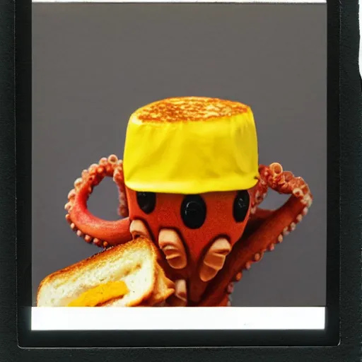 Image similar to anthropomorphic octopus wearing a chef's hat, holding a grilled cheese, 9 0's fashion, polaroid photo, by andy warhol