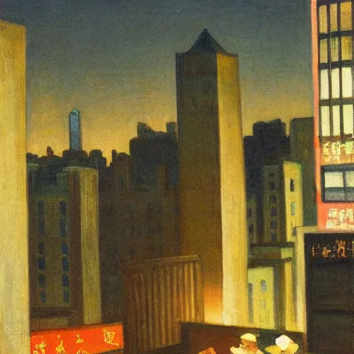 Prompt: a small rooftop with a couple of people sitting and watching the view, shanghai bund is on the background, night, by edward hopper