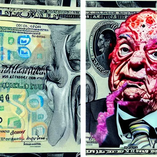 Image similar to George Soros full body shot, dollar bills Body horror, biopunk, by Ralph Steadman, Francis Bacon, Hunter S Thompson