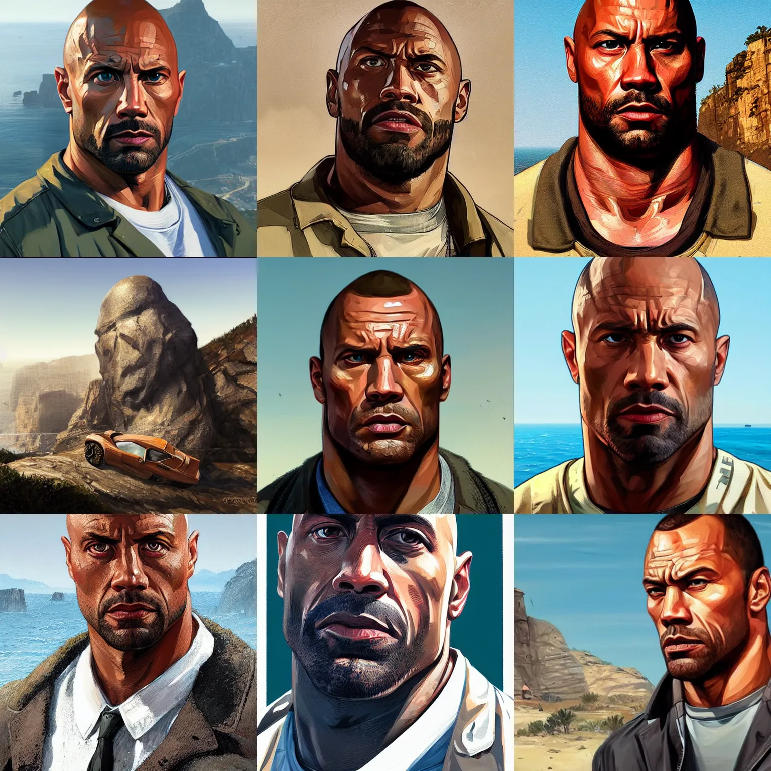 Prompt: portrait of the rock in the style of gta v,digital art,ultra realistic,ultra detailed,art by greg rutkowski,detailed face