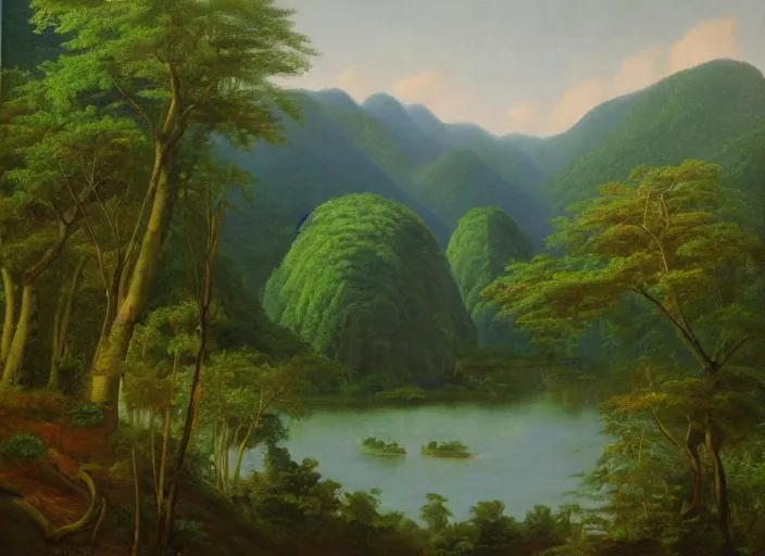 Image similar to the luscious forests of vietnam with little villages sprinked in them, in the style of hudson river school of art, oil on canvas