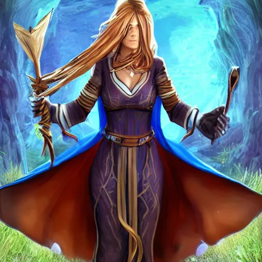 Image similar to a confident mage woman with long blue cape and brown flowing hair!! disovering ark survival evolved! inside a futuristic portal!!