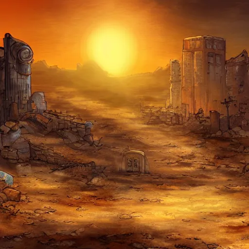 Prompt: apocalyptic burning desert landscape with ruins, warm backlit, anime