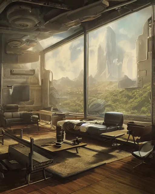 Image similar to artstation scifi scene of a safe room, lounge furniture, large terrarium, sky mural on the celing, paneled walls, unreal engine 5, hyper realism, realistic shading, cinematic composition, blender render, octane render, hdr, detailed textures, photorealistic, wide shot