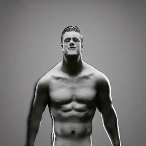 Image similar to “a realistic detailed photo of a guy who is an attractive humanoid who is half robot and half humanoid, who is a male android, football player JJ Watt, shiny skin, posing like a statue, blank stare”