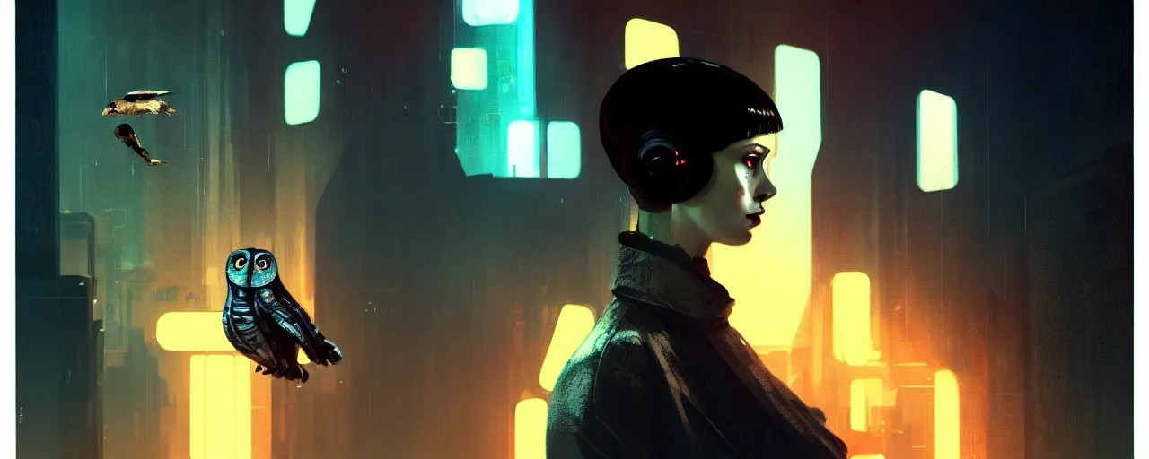 Image similar to duotone tech noir concept illustration 3 / 4 portrait of rachel from blade runner with owl in the background. cinematic volumentric lighting space. golden ratio accidental renaissance. by sachin teng and sergey kolesov and ruan jia and heng z. graffiti art, scifi, fantasy, hyper detailed. octane render. concept art. trending on artstation