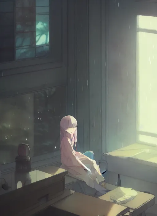 Image similar to interior background : { near the window, rainy outside }, no character, illustration concept art anime key visual trending pixiv fanbox by wlop and greg rutkowski and makoto shinkai and studio ghibli