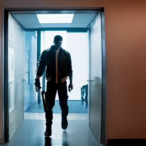 Image similar to a 4 k cinematic film still portrait of aphez twin breaking into the office from a gritty cyberpunk 2 0 0 0 s james cameron movie about the punisher. realism, cinematic lighting, 4 k. 8 mm. grainy. panavision.
