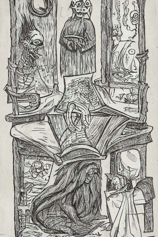 Image similar to disturbing pages from a hand drawn and written grimoire