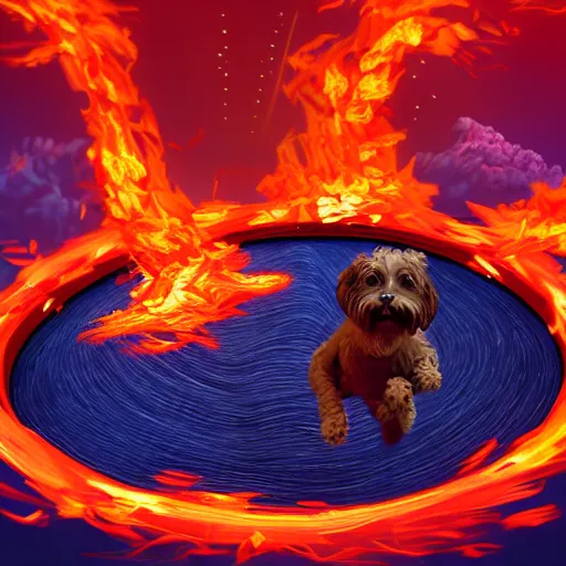 Prompt: A Schnoodle dog jumping through a ring of fire, illustration, 4k, zbrush