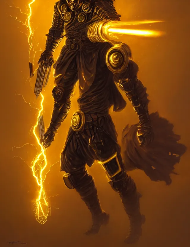 Image similar to a masked cyberpunk warrior in golden armour with a glowing golden gauntlet, surrounded by crackling golden lightning and energy, by frank fazetta and peter mohrbacher, trending on artstation, digital art, 4 k resolution, detailed, high quality, sharp focus, hq artwork, coherent, insane detail, concept art, character concept, character full body portrait
