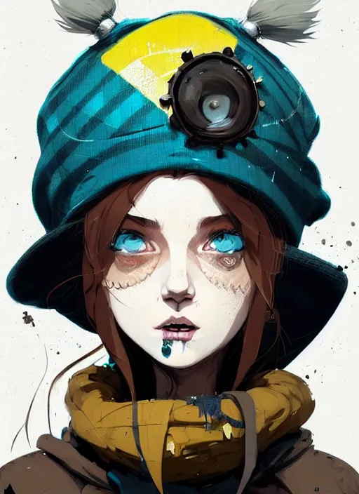 Image similar to highly detailed portrait of a sewer punk lady student, blue eyes, tartan hoody, hat, white hair by atey ghailan, by greg rutkowski, by greg tocchini, by james gilleard, by joe fenton, by kaethe butcher, gradient yellow, black, brown and cyan color scheme, grunge aesthetic!!! ( ( graffiti tag wall ) )