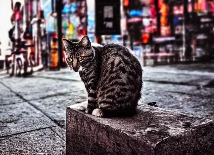 Image similar to photography of a Cat sitting on a box. in a cyberpunk street, award winning photo, colors, 100mm, sharp, high res