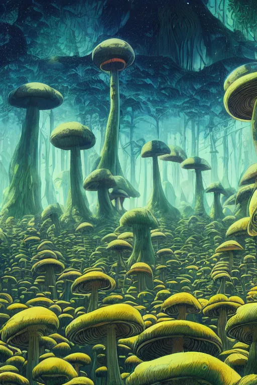 Prompt: concept art painting of an alien world with mushroom forests, artgerm, moebius, inio asano, toon shading, cel shading, calm, tranquil, vaporwave colors,