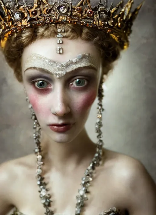 Prompt: closeup medieval otto dix face portrait of a fairytale princess wearing a crown eating cakes in the castle, bikini, depth of field, zeiss lens, detailed and intricate environment, fashion photoshoot by nicoletta ceccoli, mark ryden, lostfish, breathtaking, 8 k resolution, extremely detailed, beautiful, establishing shot, artistic, hyperrealistic, octane render