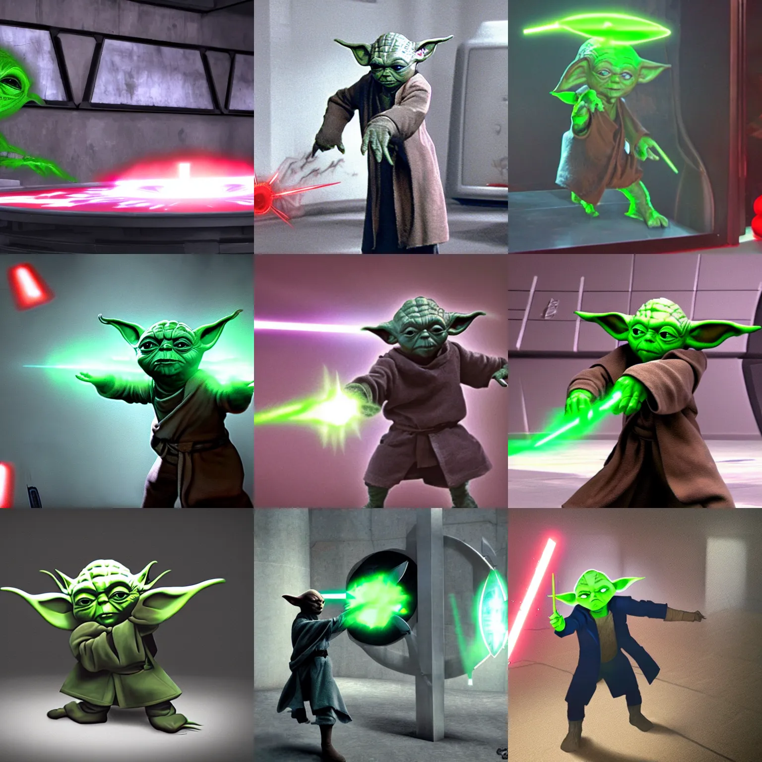 Prompt: yoda throwing knives at a plasma reactor