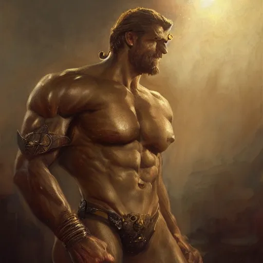 Image similar to handsome portrait of a spartan guy bodybuilder posing, radiant light, caustics, war hero, metal gear solid, steel bull run, by gaston bussiere, bayard wu, greg rutkowski, giger, maxim verehin