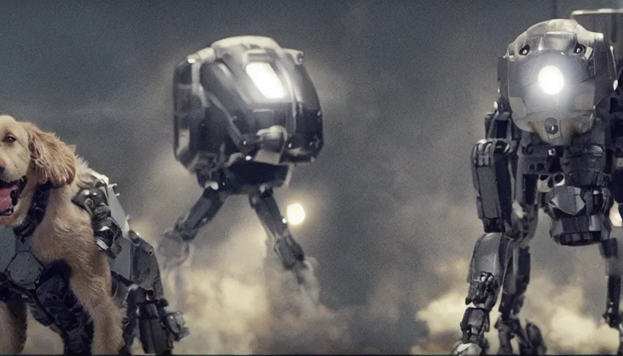 Image similar to big budget James Cameron movie about an evil robot dog with a minigun firing from its back