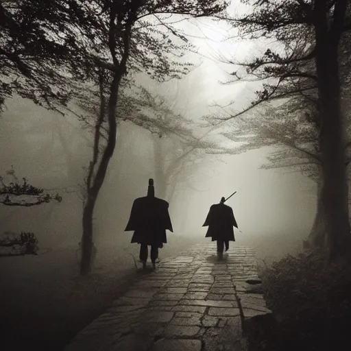 Prompt: a samurai walks with friends through the woods at night, gloomy, dark, foggy, night, ominous, dark color, atmospheric, cinematic lighting, intricate detail?