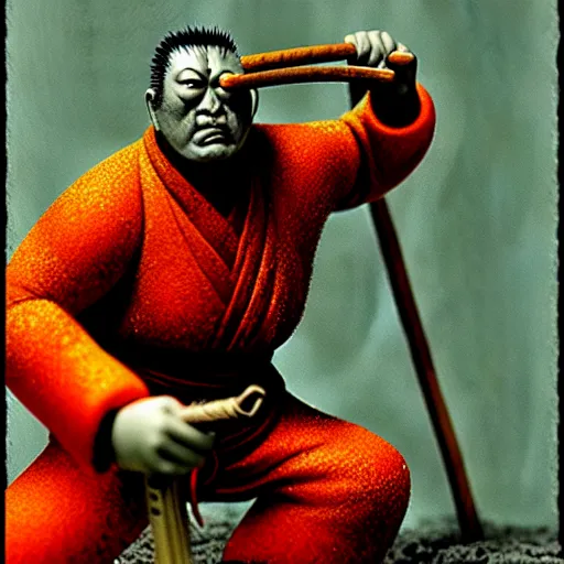 Image similar to zatoichi by otto dix, junji ito, hr ginger, jan svankmeyer, beksinski, claymation, hyperrealistic, aesthetic, masterpiece