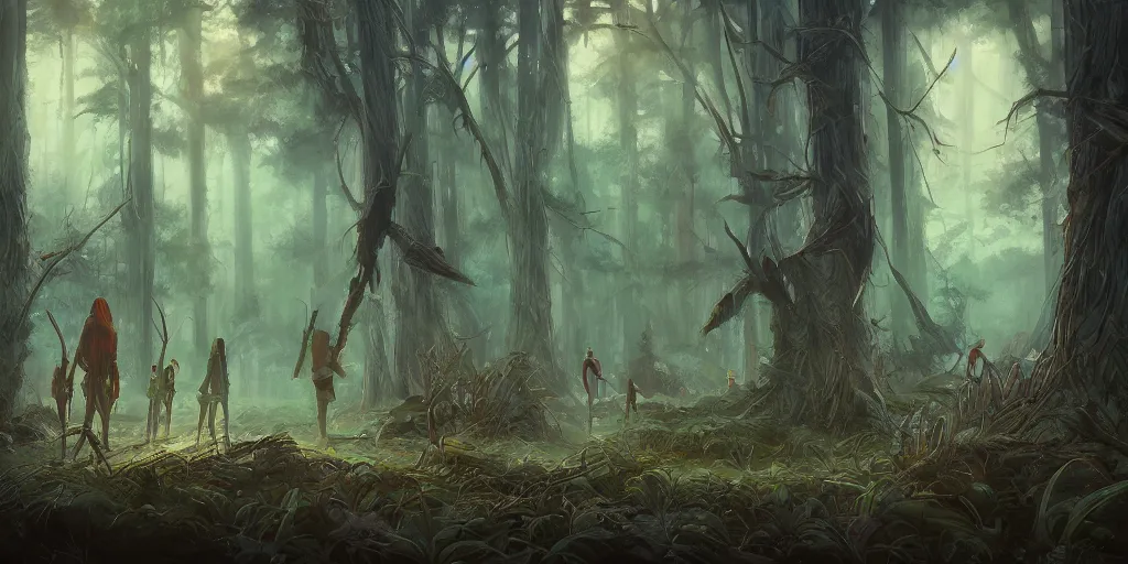 Image similar to modern reed - people hunting in futuristic spiritual mystical post apocalyptic forest drawn by justin roiland, dim painterly volumetric aquatic lighting, beautiful, crisp, artstation, highly detailed