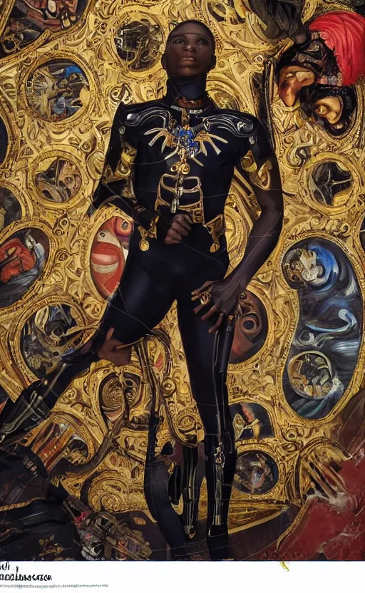 Prompt: beautifully painted mural of a stunning young black cyborg prince in ornate royal fabric, piercing glowing eyes, sci fi scenery, vogue cover poses, mural in the style of sandro botticelli, caravaggio, albrecth durer