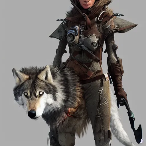 Prompt: a huntress and her pet wolf, detailed face, concept art, trending on artstation 3D.