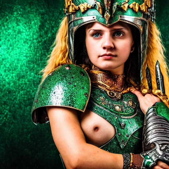 Prompt: photo of a cute beautiful warrior queen wearing emerald encrusted armour, highly detailed, 4 k, hdr, smooth, sharp focus, high resolution, award - winning photo