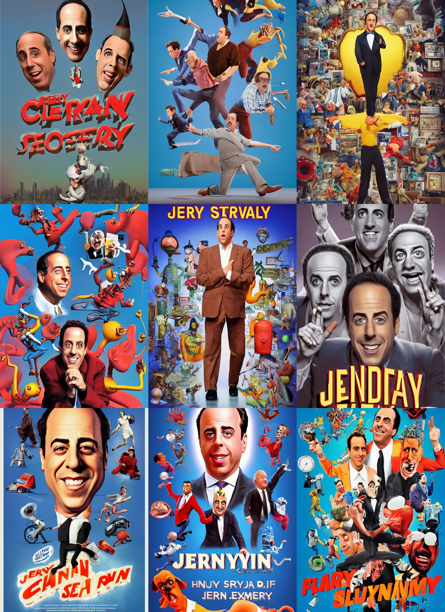 Prompt: Funny clean poster artwork Of the Jerry seinfeld Show by Peter Andrew Jones, Mark Ryden, Al Feldstein, Henry Justice Ford, Houdini algorithmic generative render, sharp focus, octane render 8k
