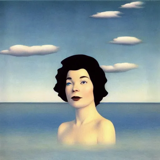 Image similar to very detailed portrait of photorealistic bjork floating above the ocean into a gray skay. painted by rene magritte, 1 9 2 7. oil on canvas.