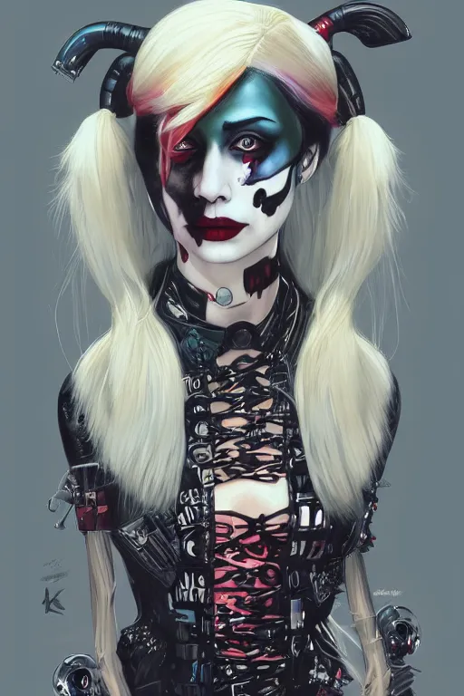 Image similar to portrait of young cute beautiful gothic Harley Quinn, cyberpunk, Warhammer, highly detailed, artstation, illustration, art by Gustav Klimt and Ilya Kuvshinov