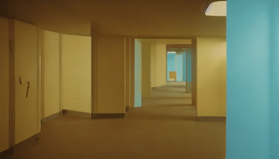 Image similar to 60s movie still of an empty sauna corridor fade yellow light and light blue tiles floor, cinestill 800t 50mm eastmancolor, liminal Space style, heavy grain