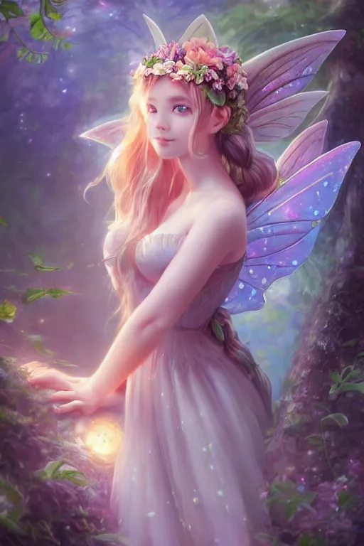 Image similar to a cute fairy in the dreamy forest, fantasy, 8 k resolution, hyper detailed, d & d, character design, digital painting, trending on artstation, sharp focus, illustration, art by artgerm, steve zheng, fuji choko, viktoria gavrilenko, hoang lap