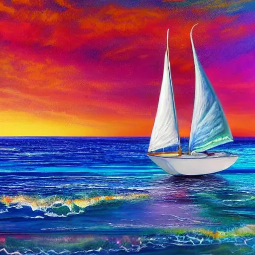 Prompt: a painting of a sailboat floating in the ocean, an ultrafine detailed painting by alice mason, shutterstock contest winner, metaphysical painting, detailed painting, airbrush art, made of crystals