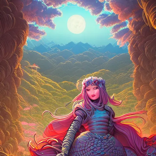 Image similar to ethereal cybernetic princess in the mountains, extremely detailed, sharp focus, wide view, full body shot, smooth, digital illustration, by lisa perrin!!!!, dan mumford, james jean, by rossdraws, frank franzzeta, sakimichan, gouache background