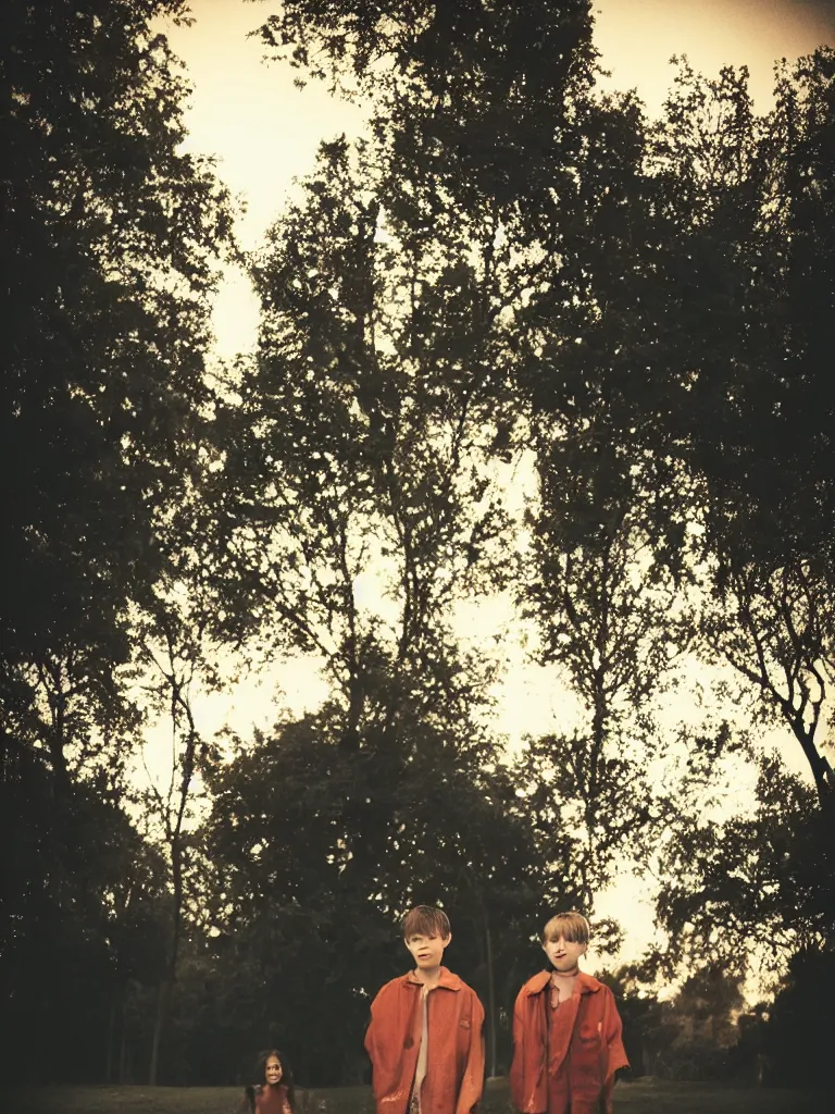 Image similar to a boy and a girl side by side, posing for a picture, a strong light behind them, nostalgic, night, some trees in the background, old polaroid, dramatic reddish light, atmospheric