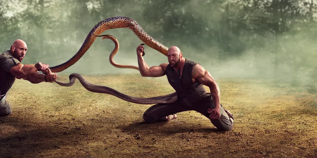 Image similar to Ryback fighting a snake outdoors, photorealistic, ultra hd, cinematic lighting, award-winning, 4k, leica sl2 30mm, beautiful color, high quality, high textured, lens flare